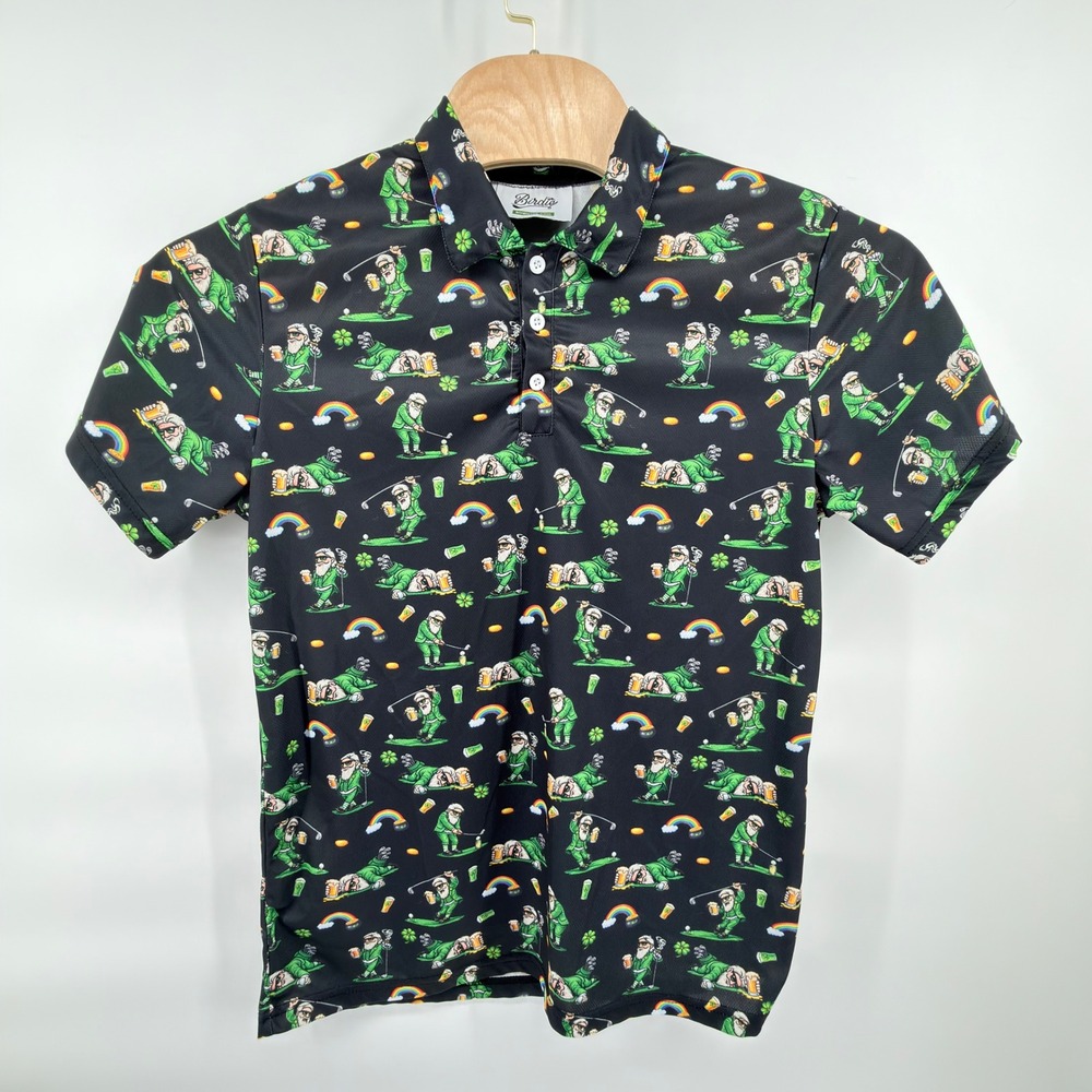 Birdie Golf Shirt Mens M Black St Patricks Day Leprechaun Beer Polo All Over